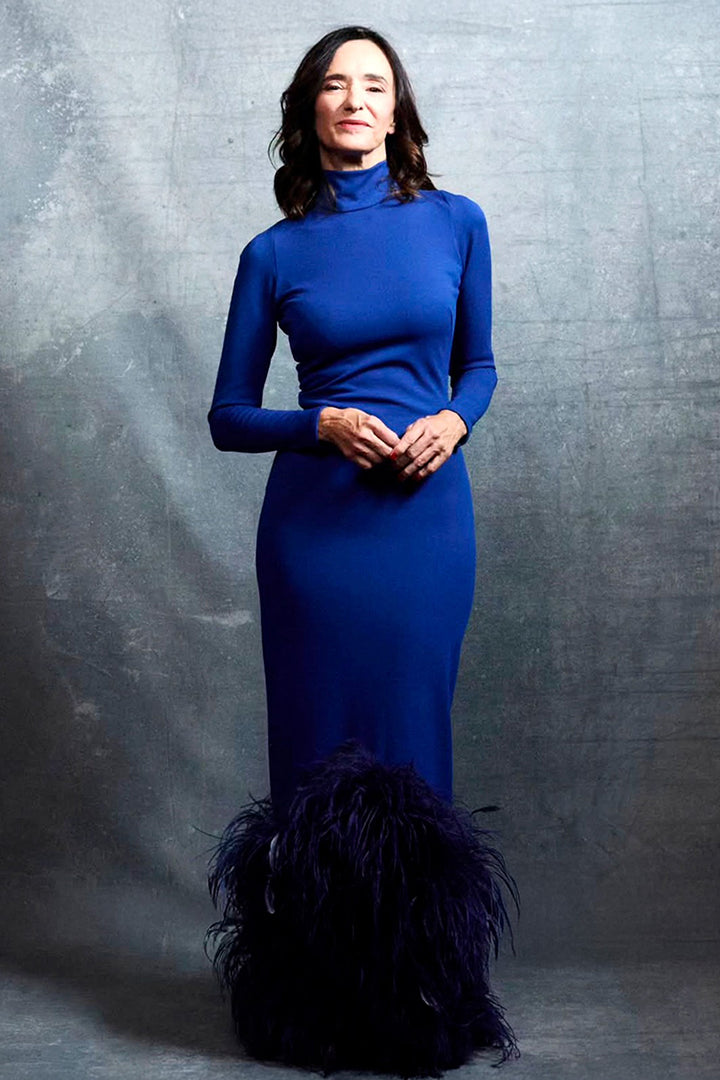 Long Dress with High Neck and Feather Hem