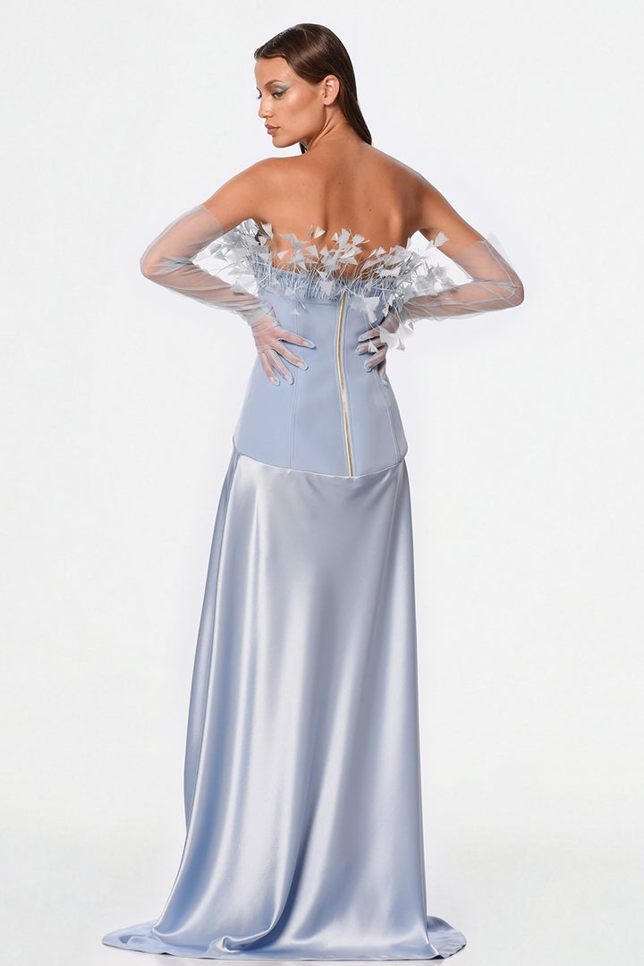 Crepe Dress with Feather Handwork and Strapless Neckline