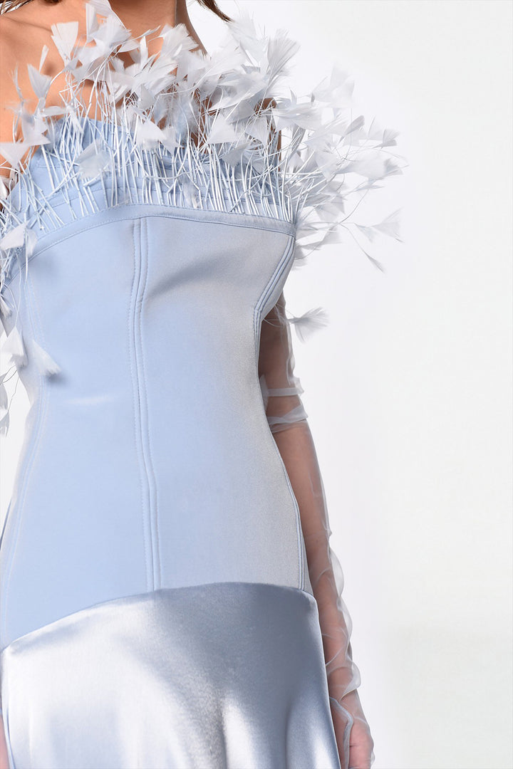 Crepe Dress with Feather Handwork and Strapless Neckline