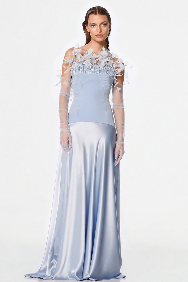 Crepe Dress with Feather Handwork and Strapless Neckline