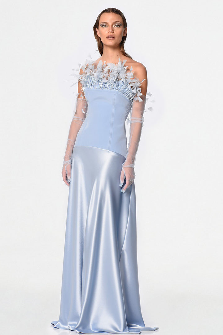 Crepe Dress with Feather Handwork and Strapless Neckline