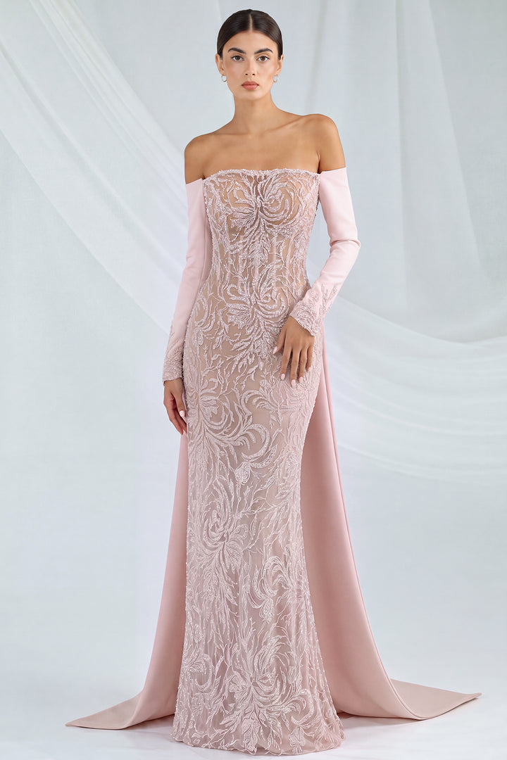 Off-the-Shoulder Embroidered Tulle Dress with Cape