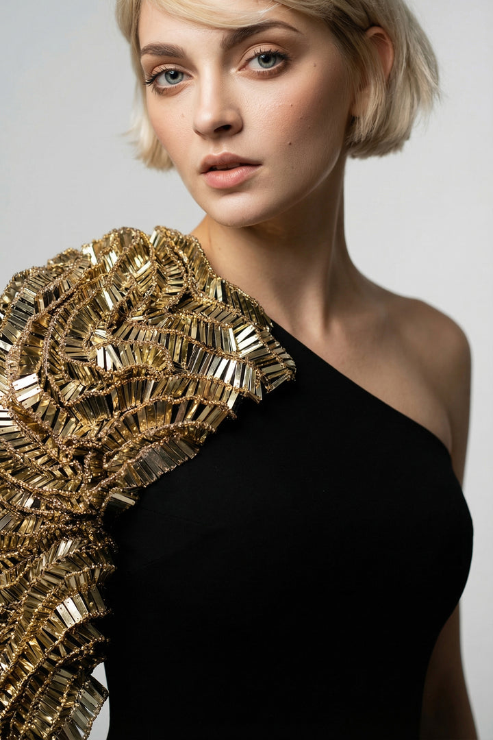 One-Shoulder Embroidered Cape Gown