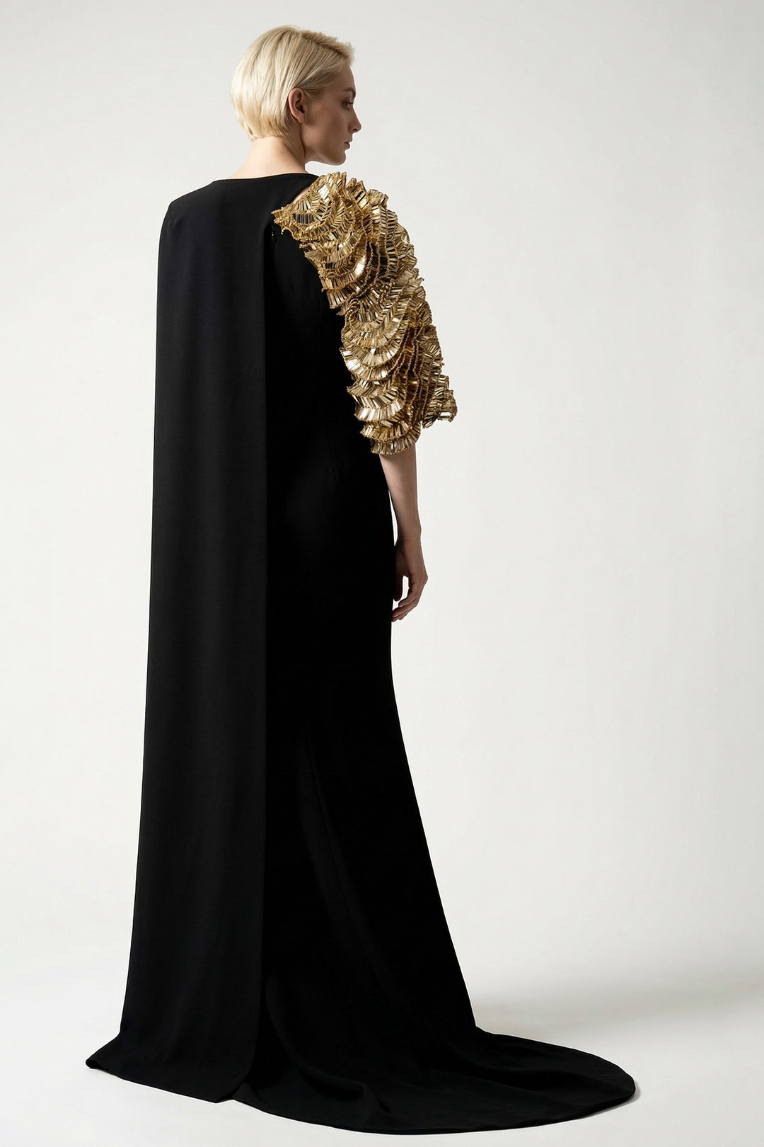 One-Shoulder Embroidered Cape Gown