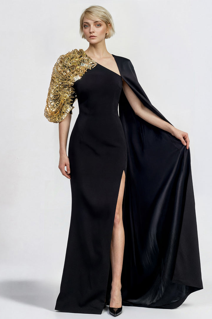 One-Shoulder Embroidered Cape Gown