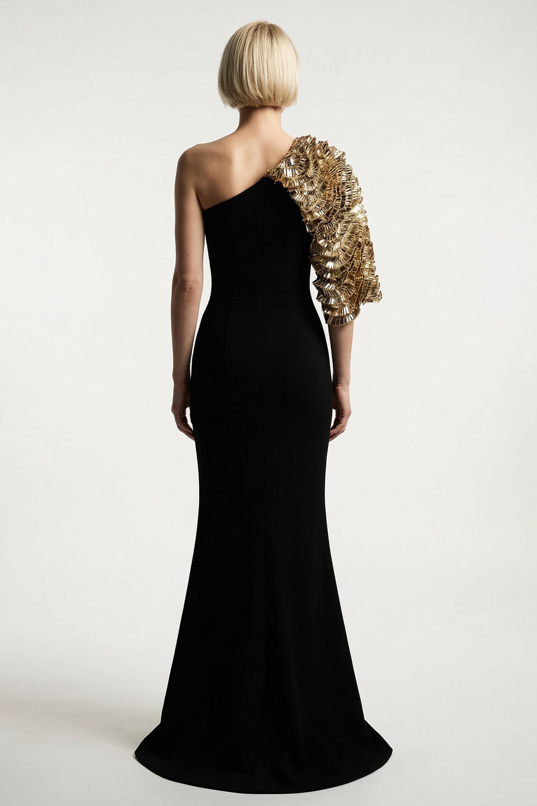 One-Shoulder Embroidered Cape Gown