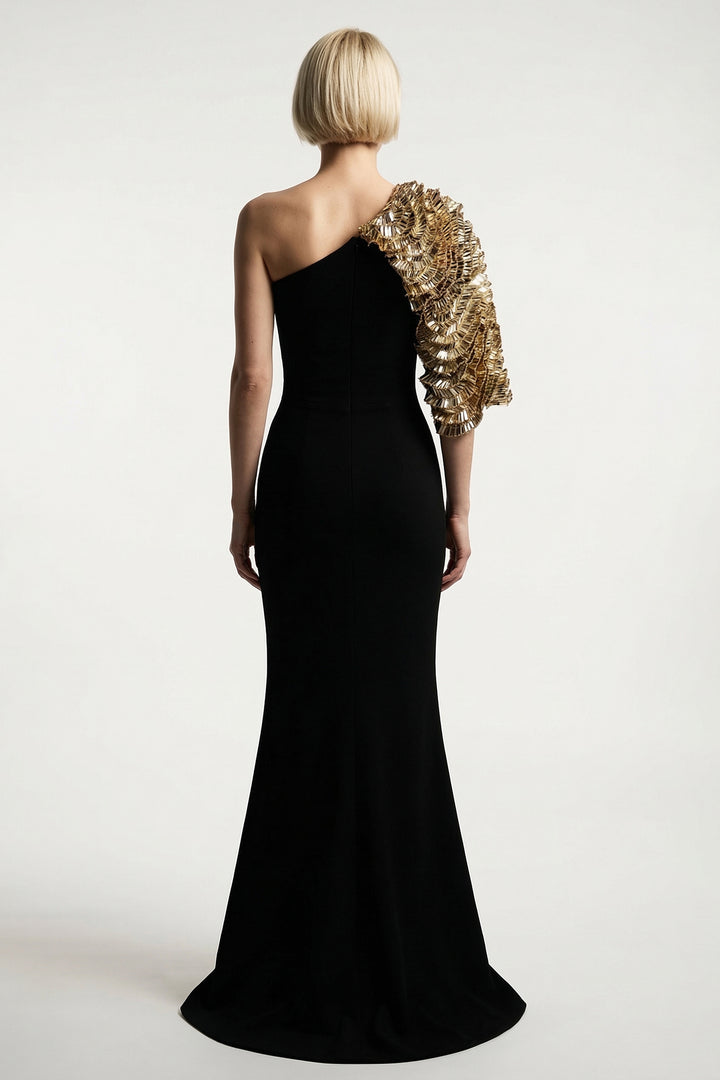 One-Shoulder Embroidered Cape Gown
