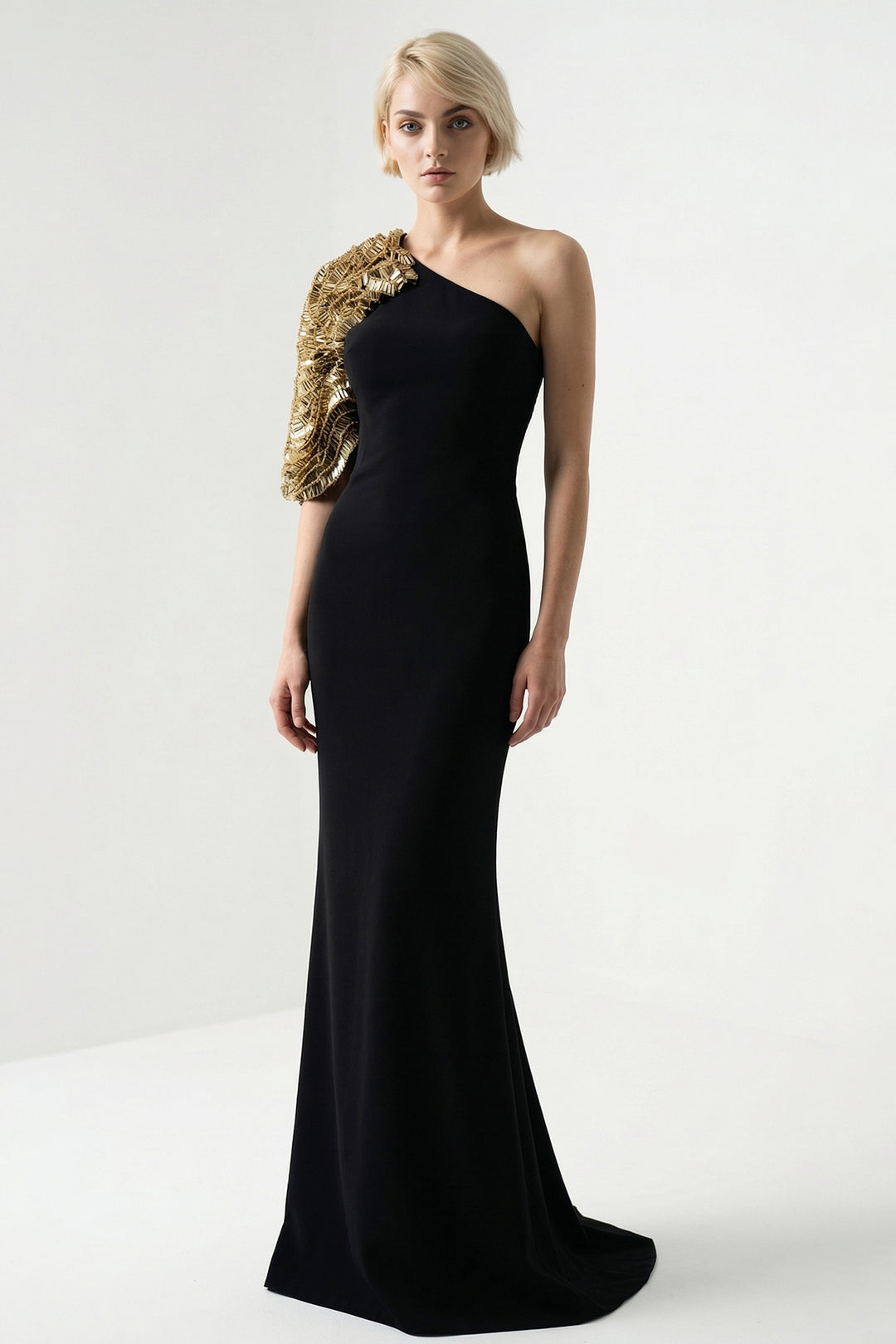 One-Shoulder Embroidered Cape Gown