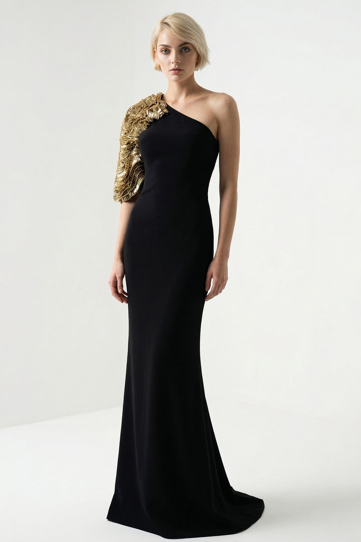 One-Shoulder Embroidered Cape Gown