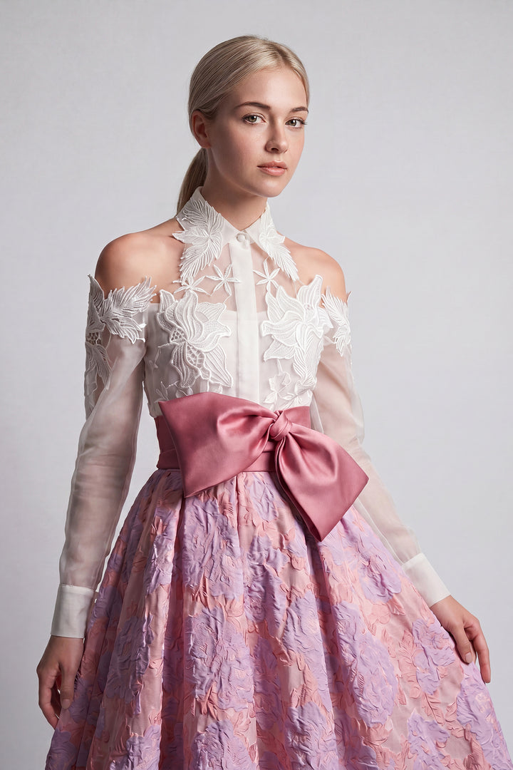 Lace-Embroidered Organza blouse with Jacquard High-Low Skirt