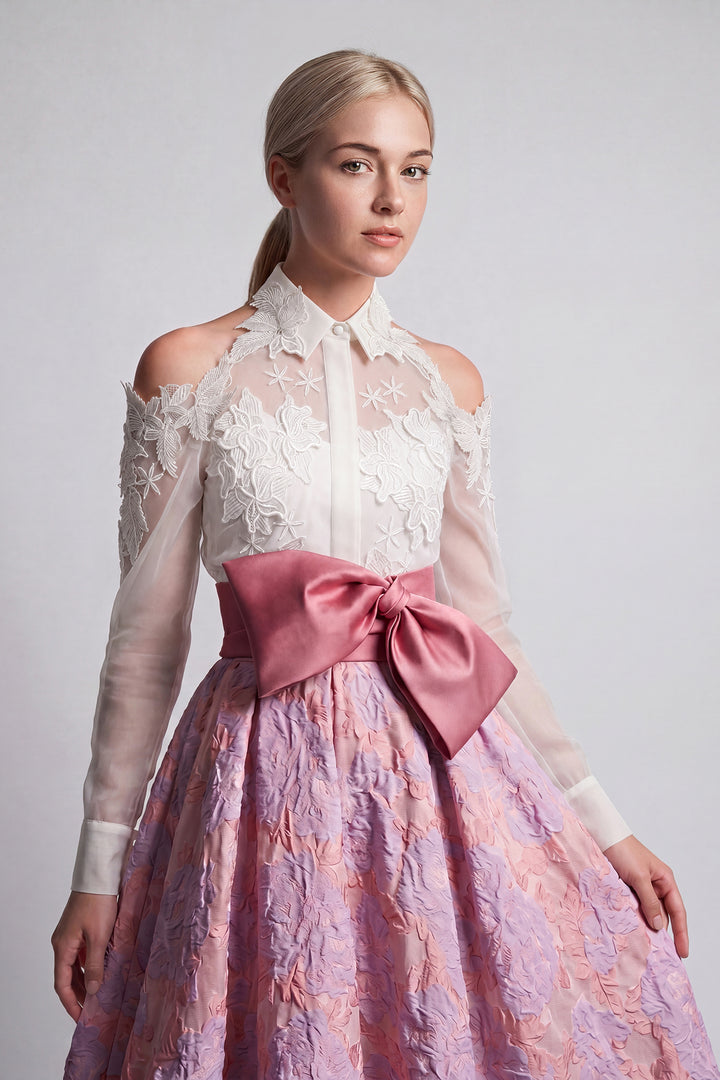 Lace-Embroidered Organza blouse with Jacquard High-Low Skirt