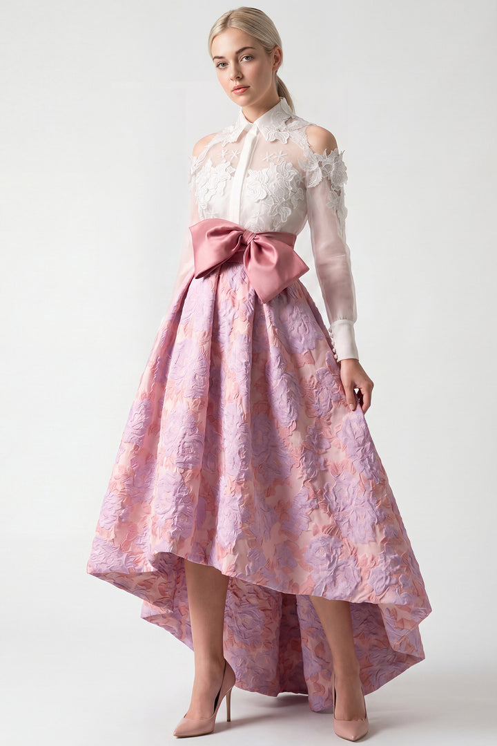 Lace-Embroidered Organza blouse with Jacquard High-Low Skirt