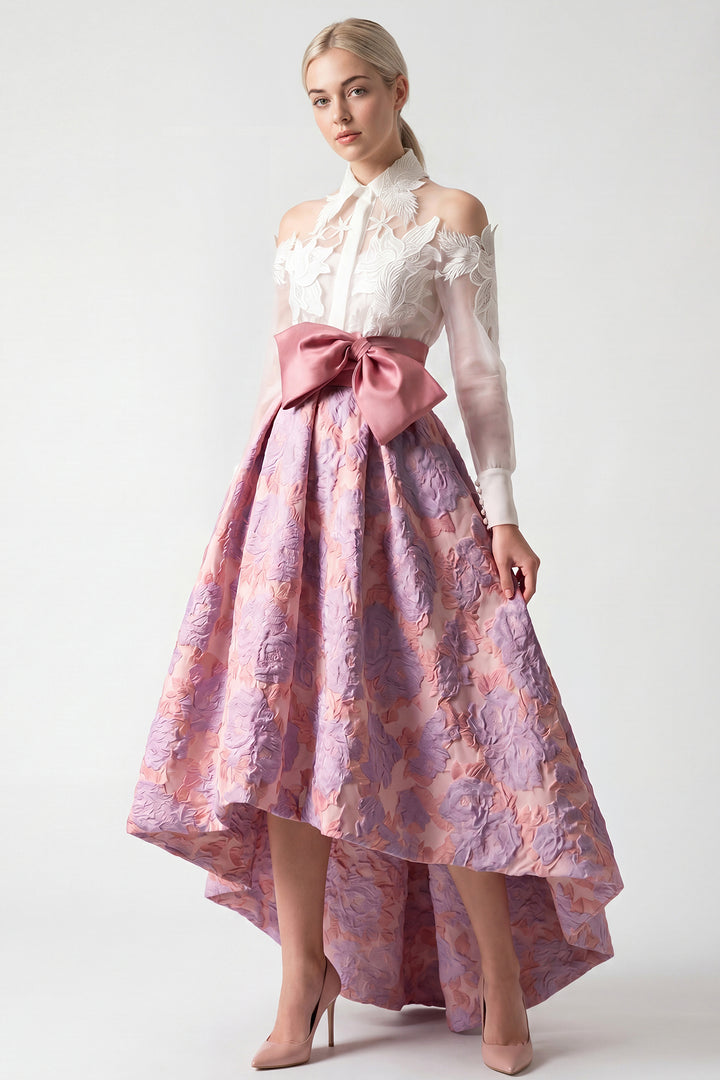 Lace-Embroidered Organza blouse with Jacquard High-Low Skirt