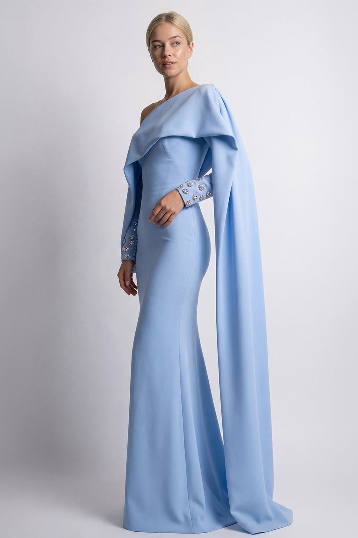 Asymmetrical Draped Crepe Gown