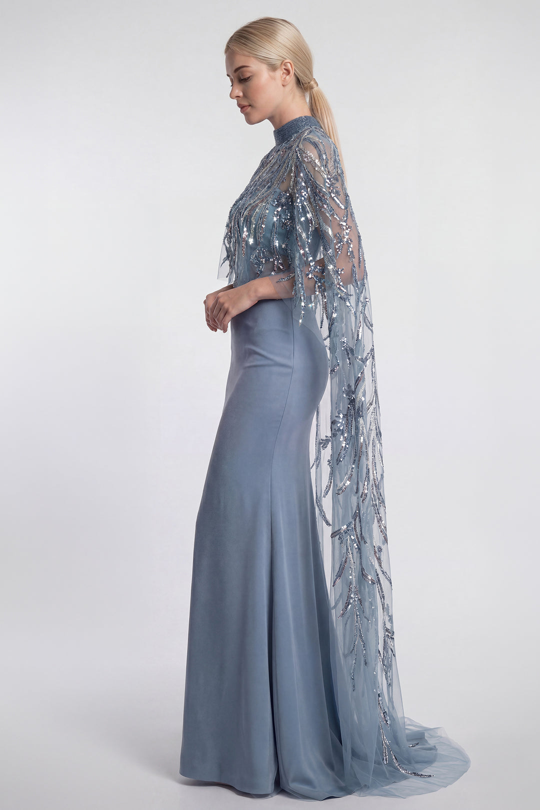 Embroidered Cape Gown with Illusion Corset