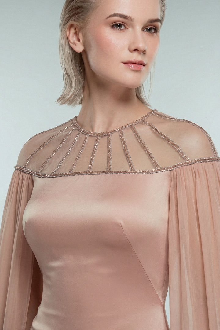 Satin Gown with Beaded Illusion Neckline and Chiffon Cape Sleeves