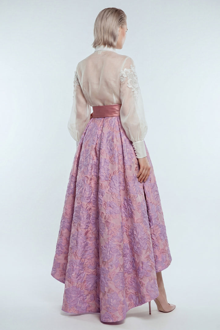 Lace Illusion Bodice with Floral Jacquard Skirt