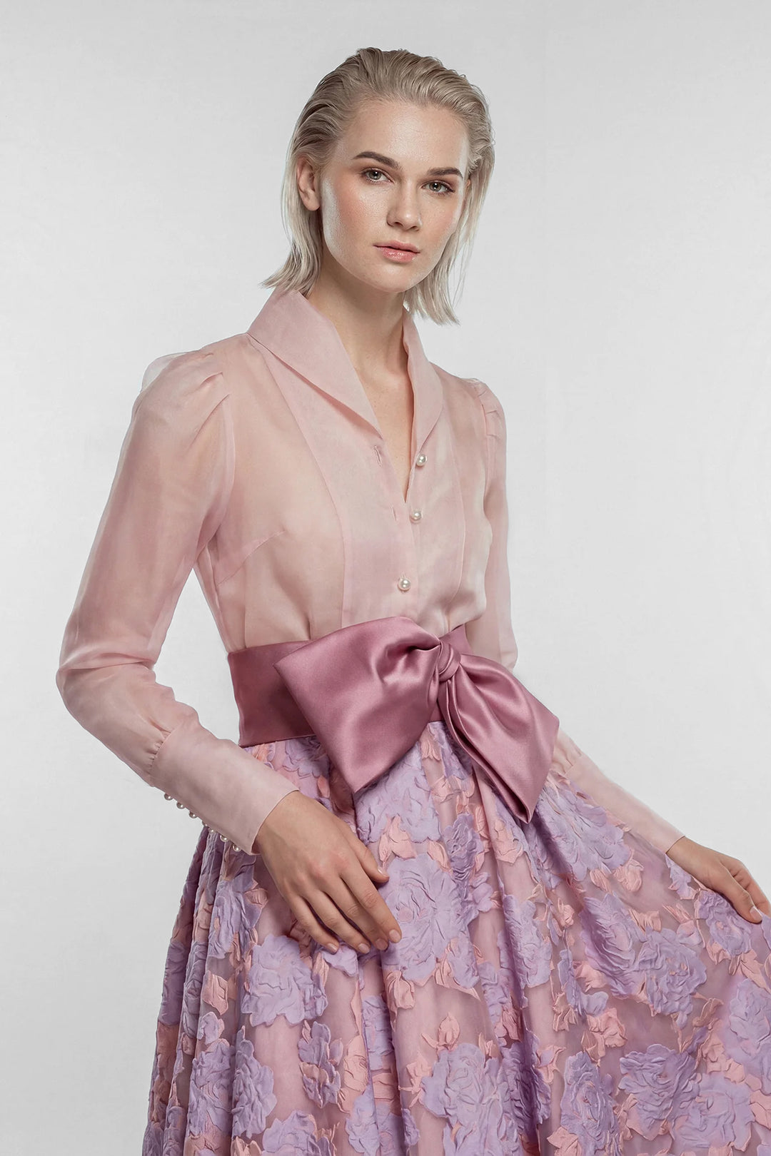 Structured Shirt Bodice with Floral Jacquard Skirt
