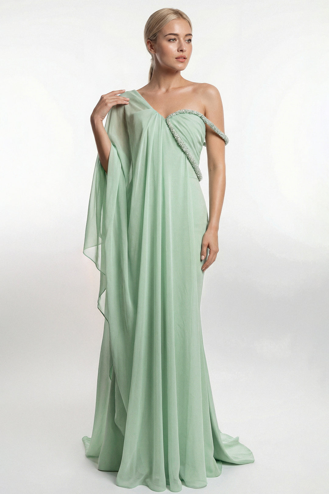 long chiffon overlay dress Chiffon Dress Cape Overlay Maxi Dress A-Line Long Formal High Neck Cape Dress The Dress Outlet