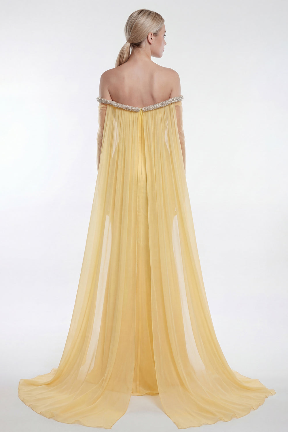 Crepe Dress with Chiffon Cape and Tulle Sleeves