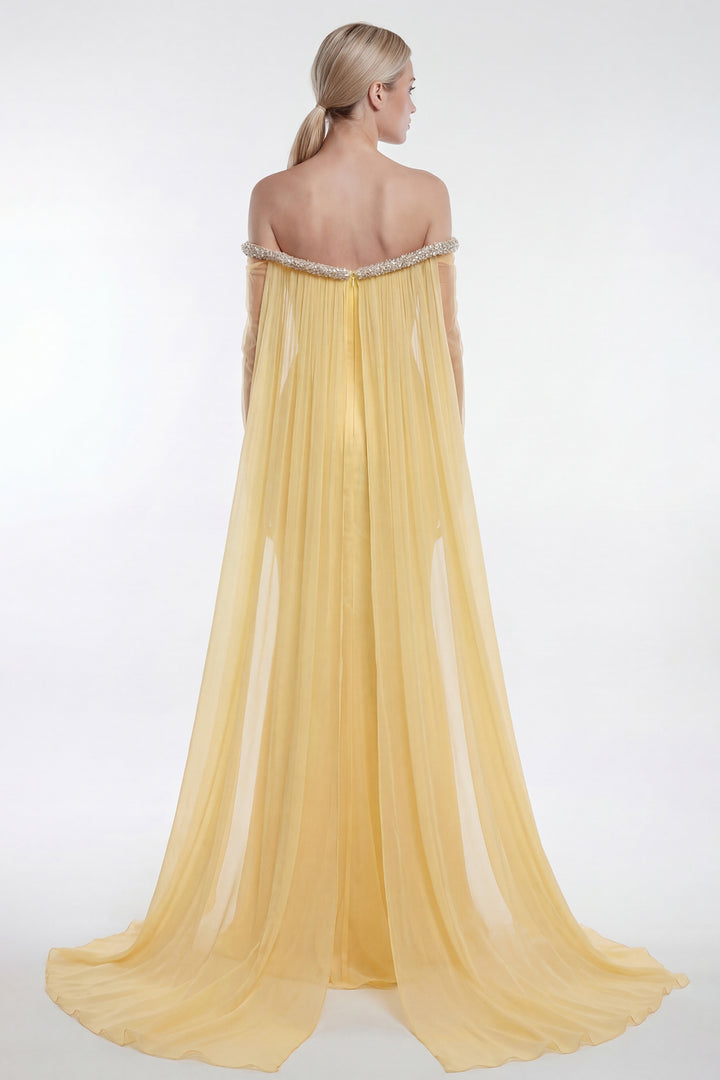 Crepe Dress with Chiffon Cape and Tulle Sleeves