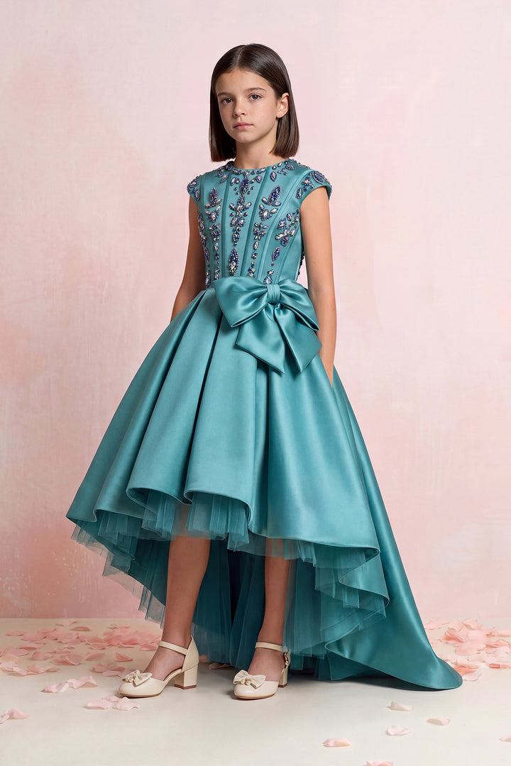 Crystal Bow Satin Mini Gown