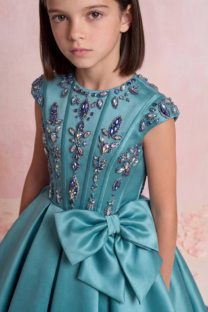 Crystal Bow Satin Mini Gown