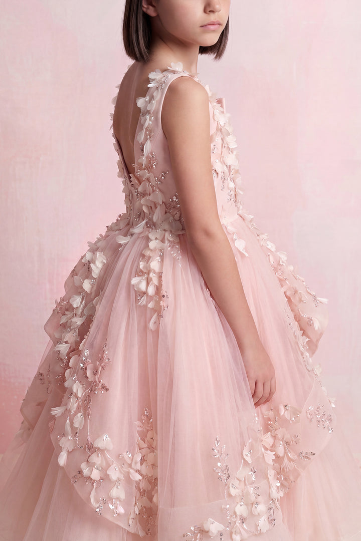 Draped Floral Tulle Mini Gown