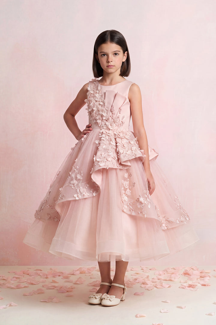 Draped Floral Tulle Mini Gown