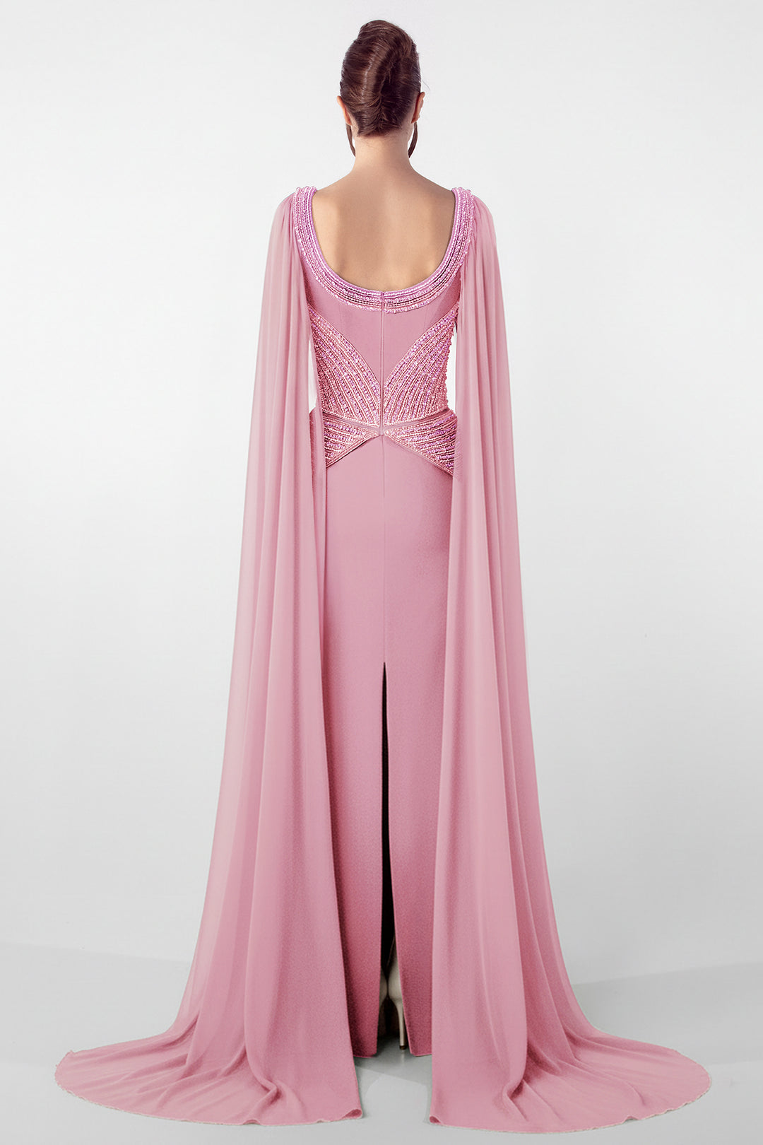 Embroidered Bodice Gown with Flowing Cape