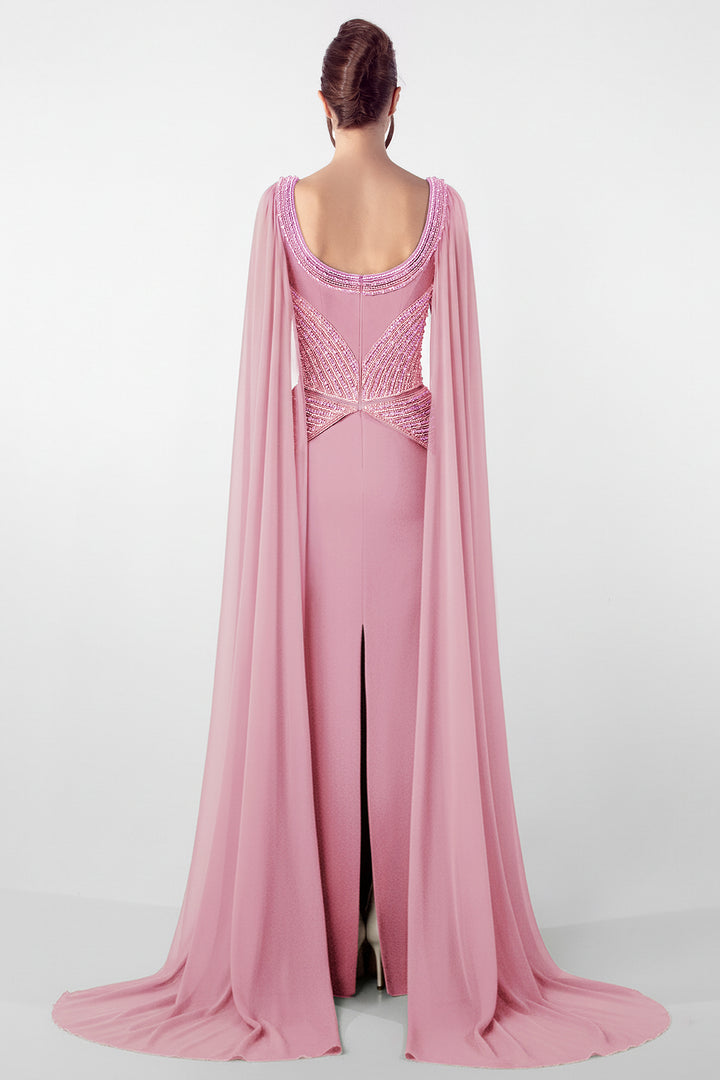 Embroidered Bodice Gown with Flowing Cape