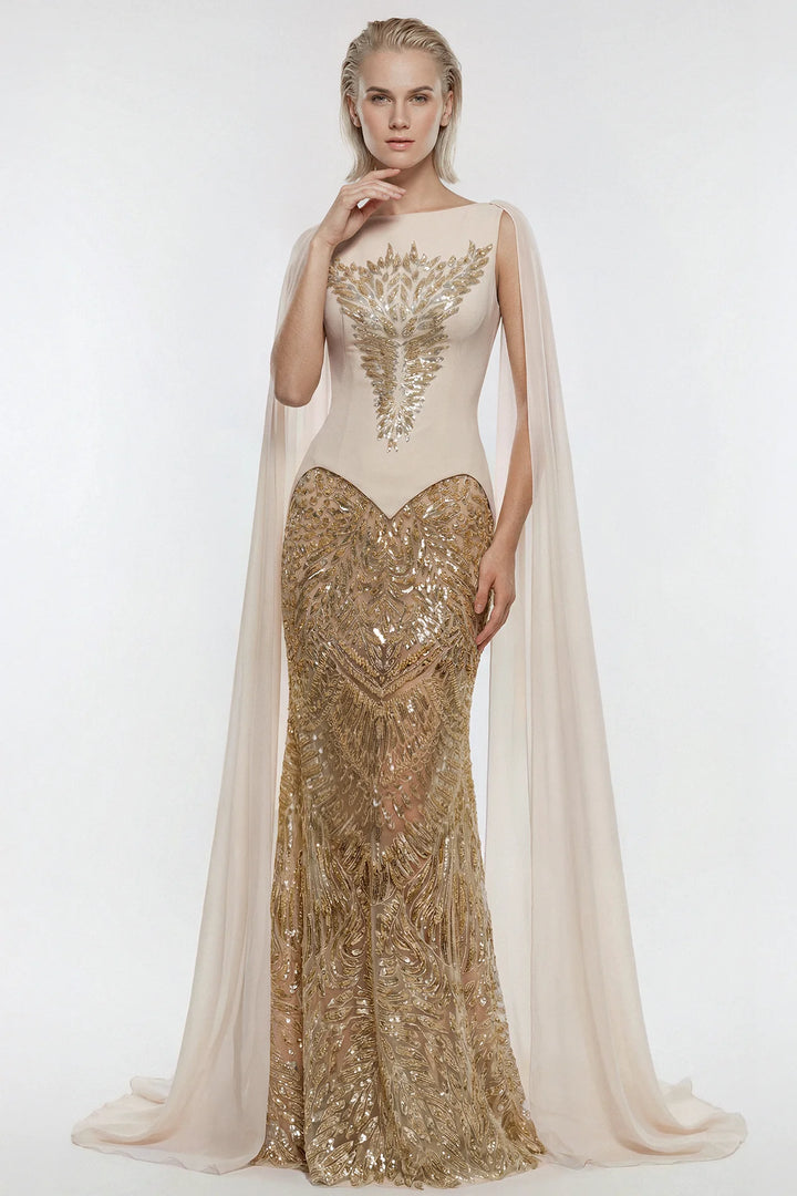 Embroidered Sequin Cape Gown