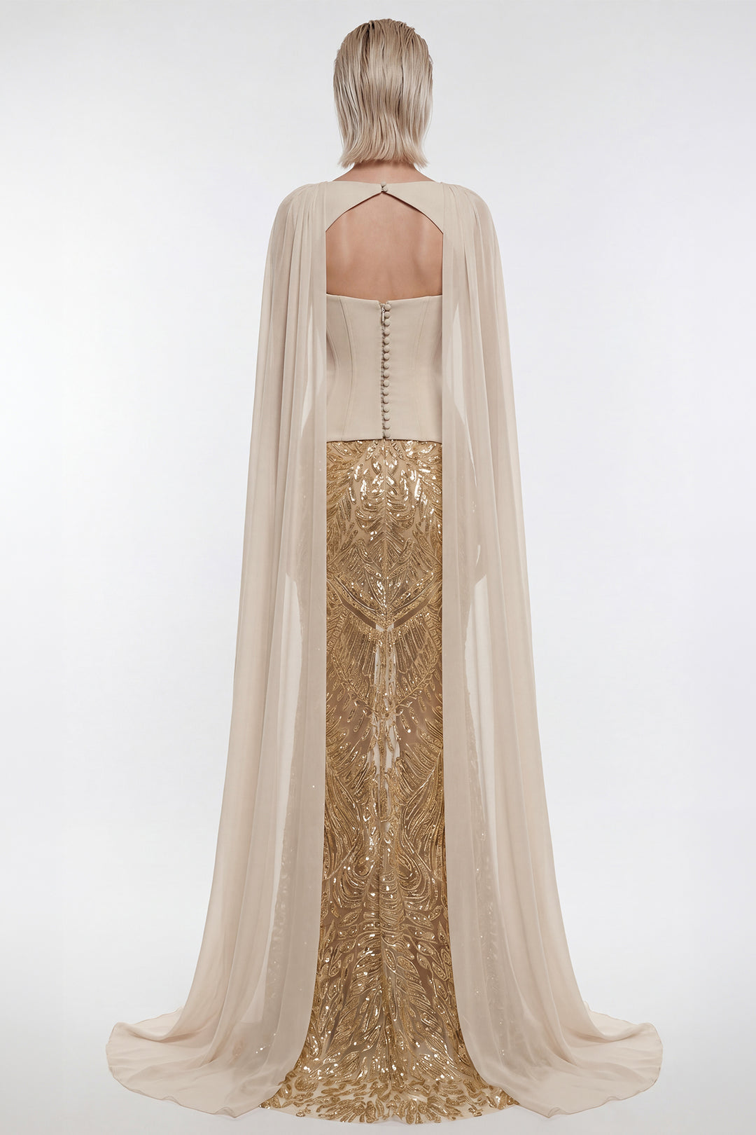 Embroidered Sequin Cape Gown
