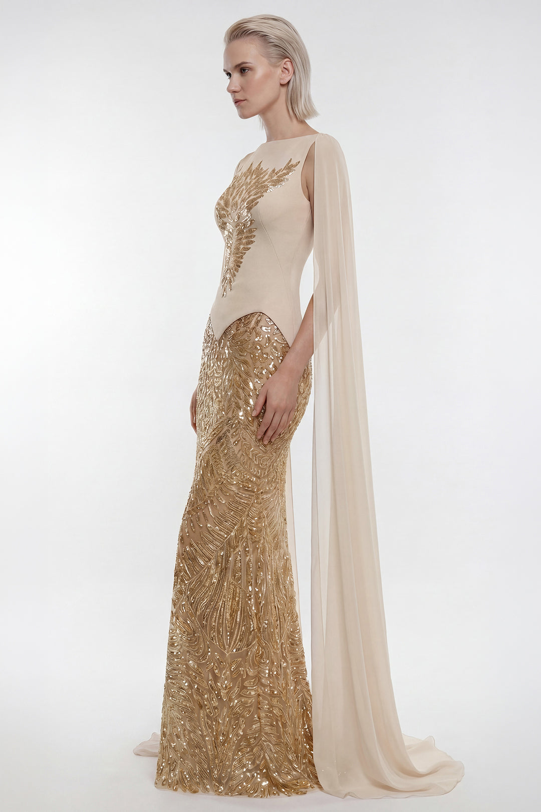 Embroidered Sequin Cape Gown