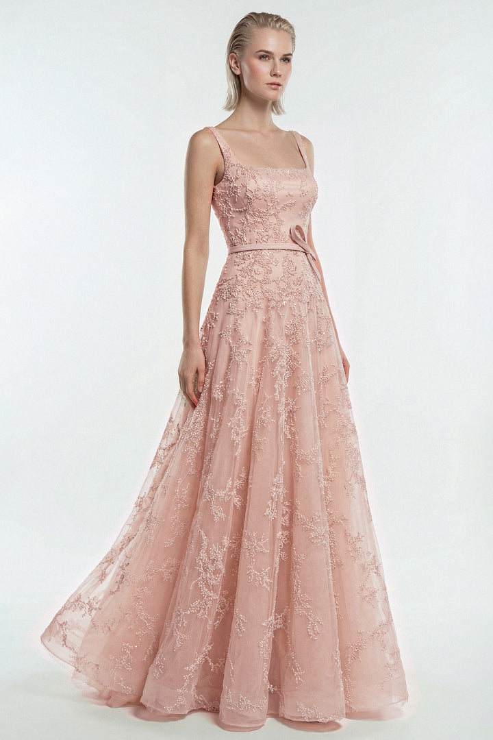 Embroidered Tulle A-Line Dress with Belt Detail