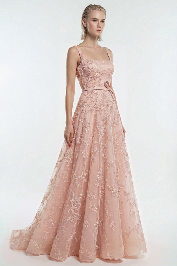 Embroidered Tulle A-Line Dress with Belt Detail