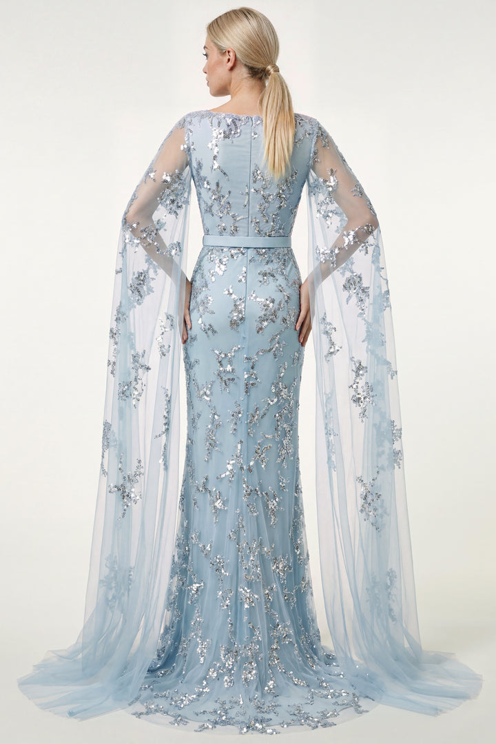Embroidered Tulle Gown with Cape Sleeves