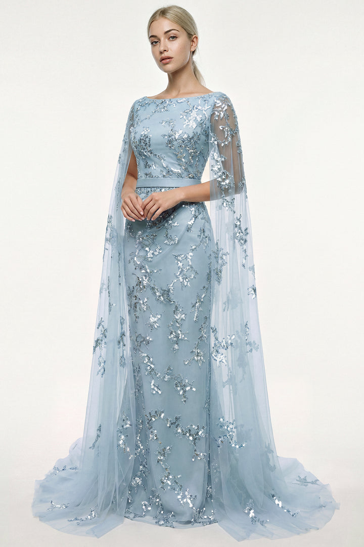 Embroidered Tulle Gown with Cape Sleeves