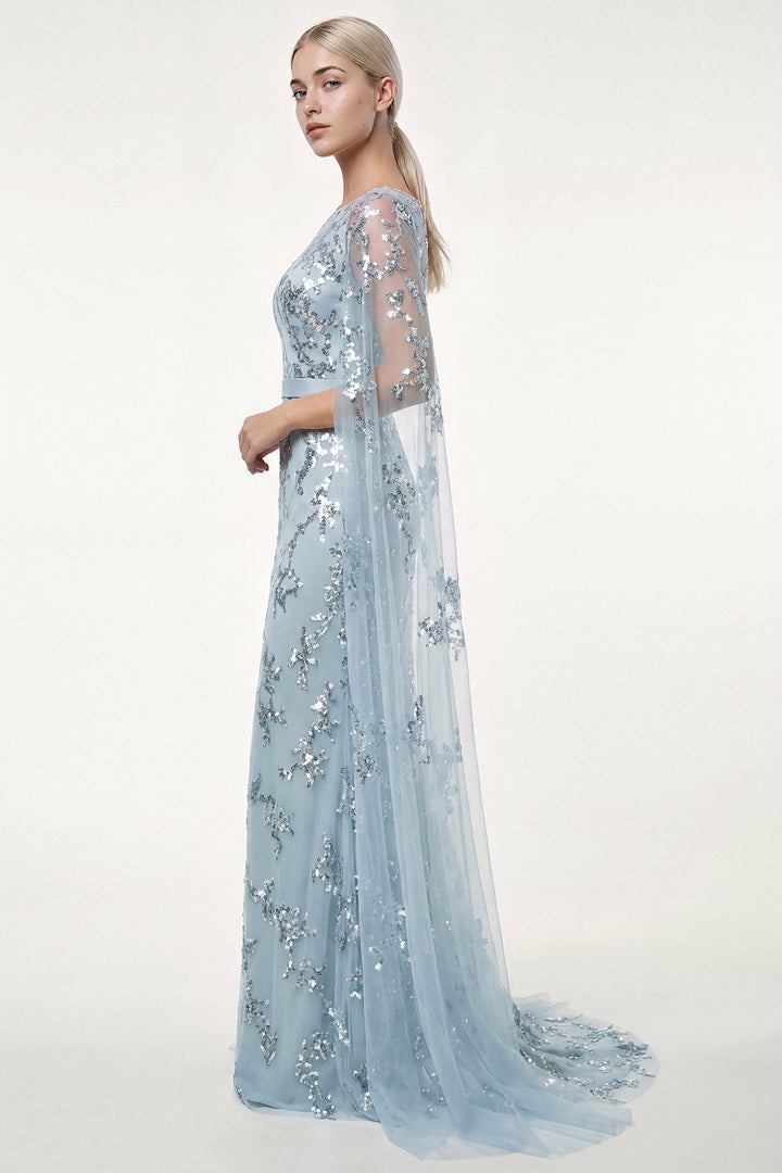 Embroidered Tulle Gown with Cape Sleeves