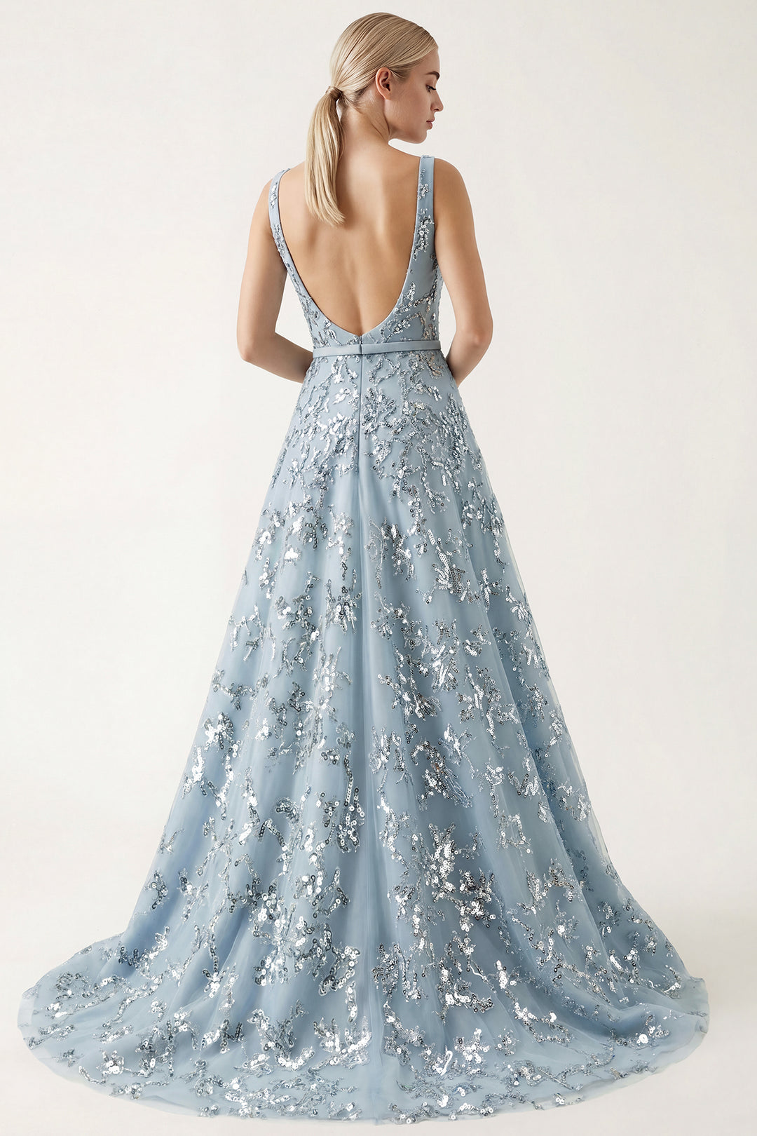 Embroidered Tulle A-Line Dress with Belt