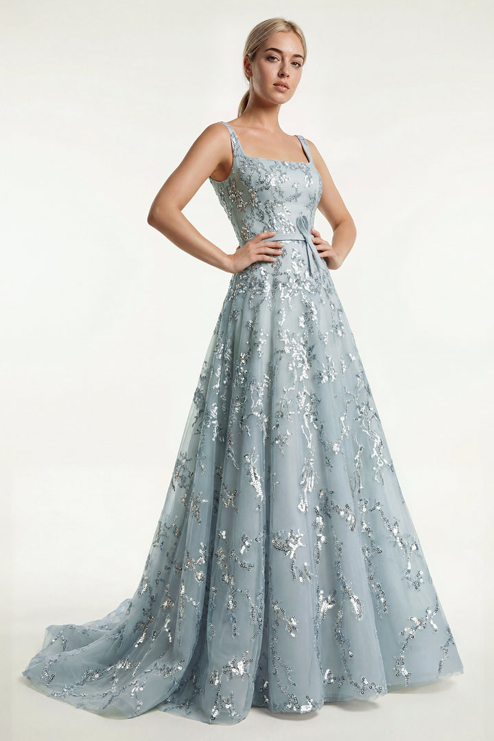 Embroidered Tulle A-Line Dress with Belt