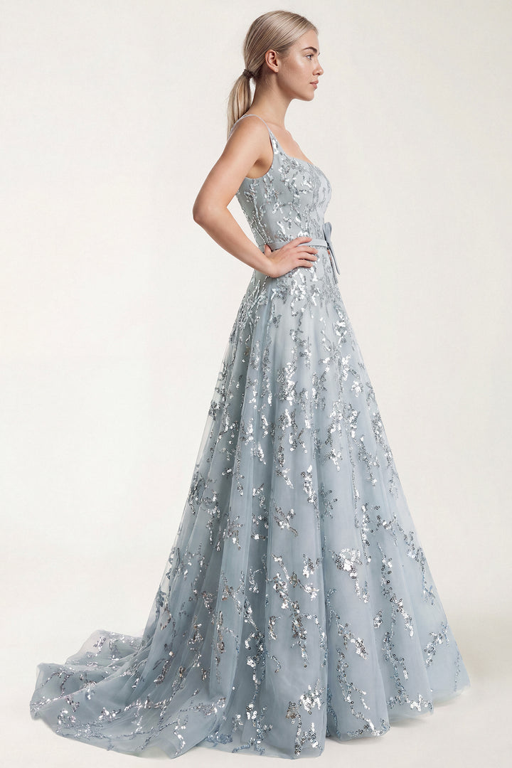 Embroidered Tulle A-Line Dress with Belt