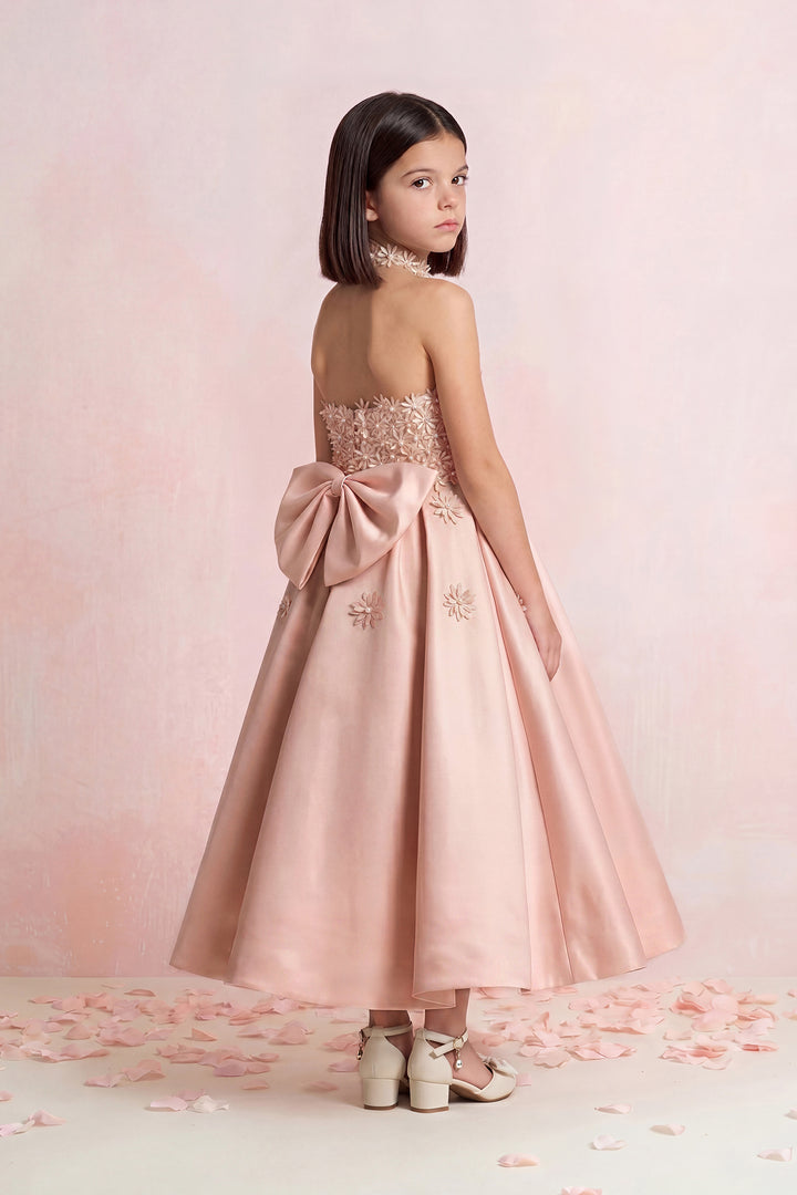 Floral Appliqué Satin Mini Gown
