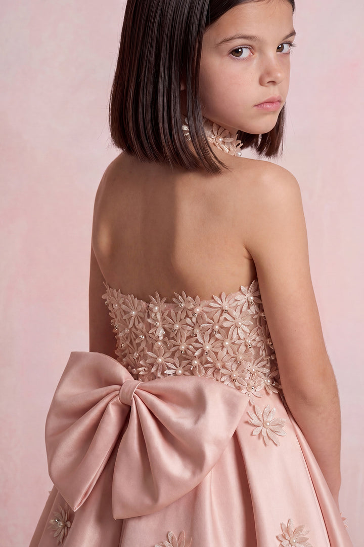 Floral Appliqué Satin Mini Gown