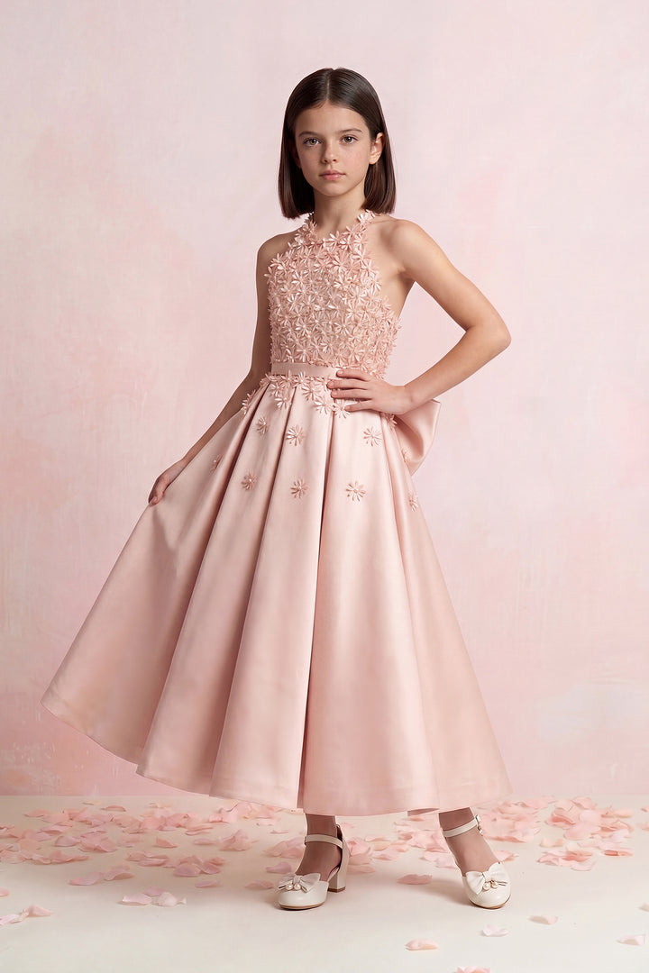 Floral Appliqué Satin Mini Gown