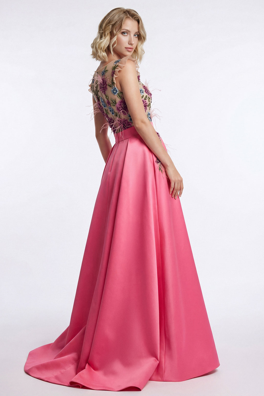 Embroidered Tulle Bodice with Structured Satin Skirt