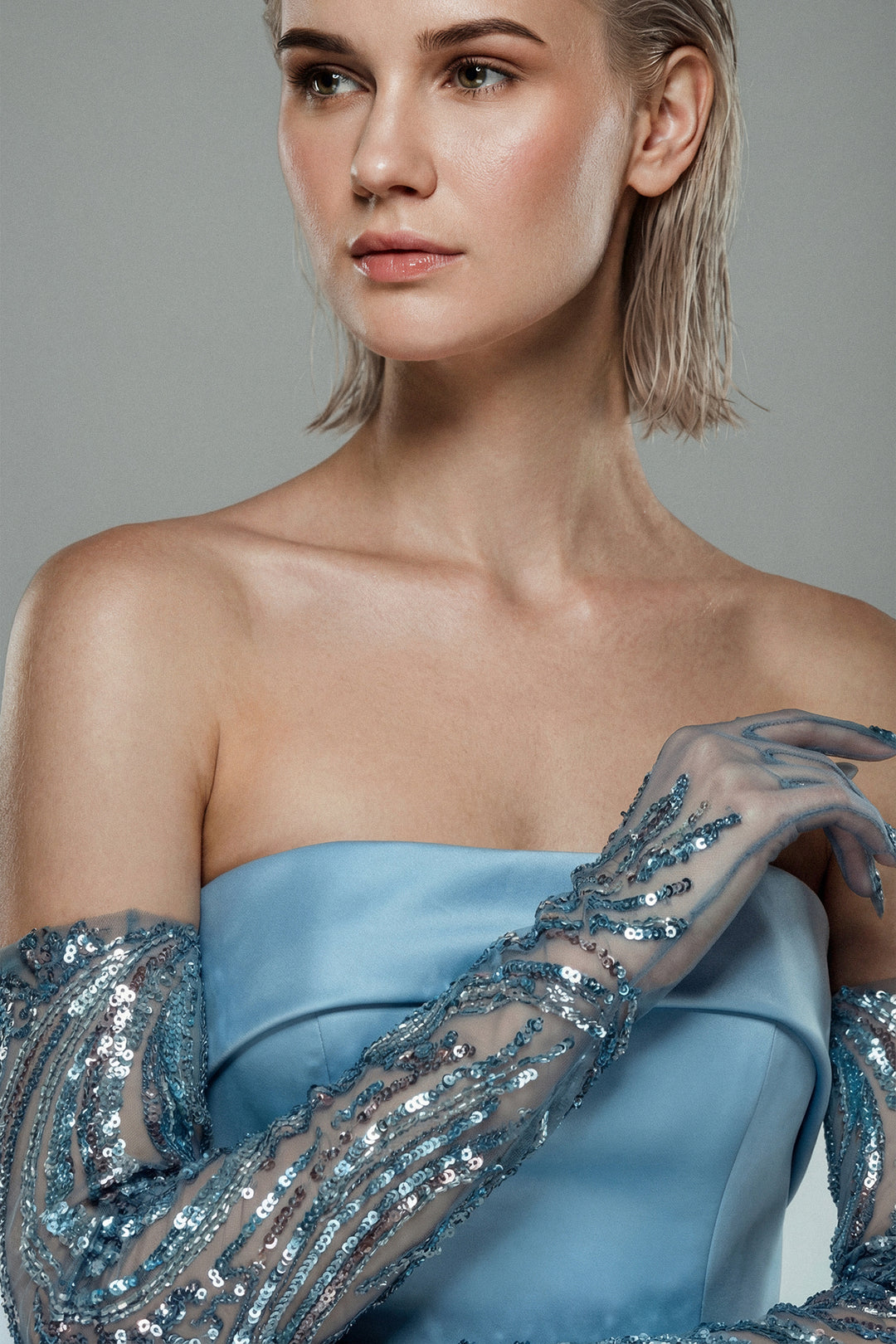 Strapless Satin Gown with Embroidered Gloves
