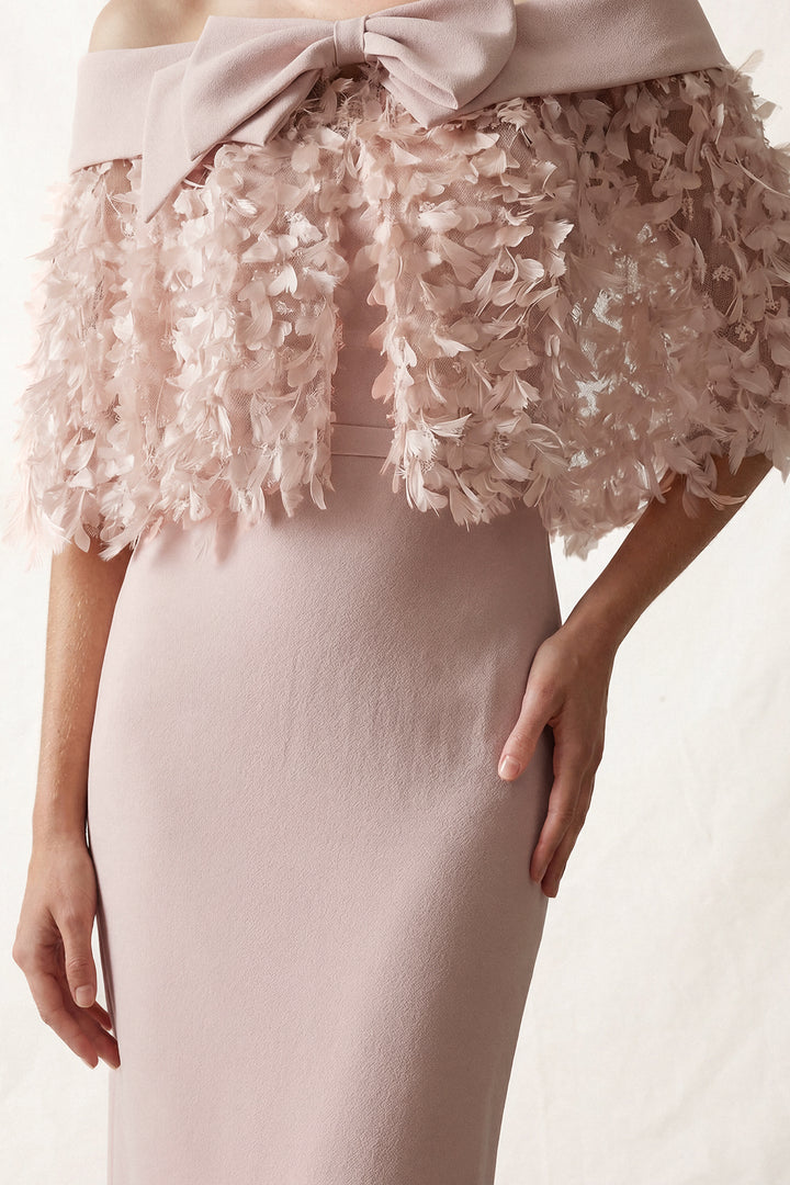 Strapless Draped Gown with Floral Capelet