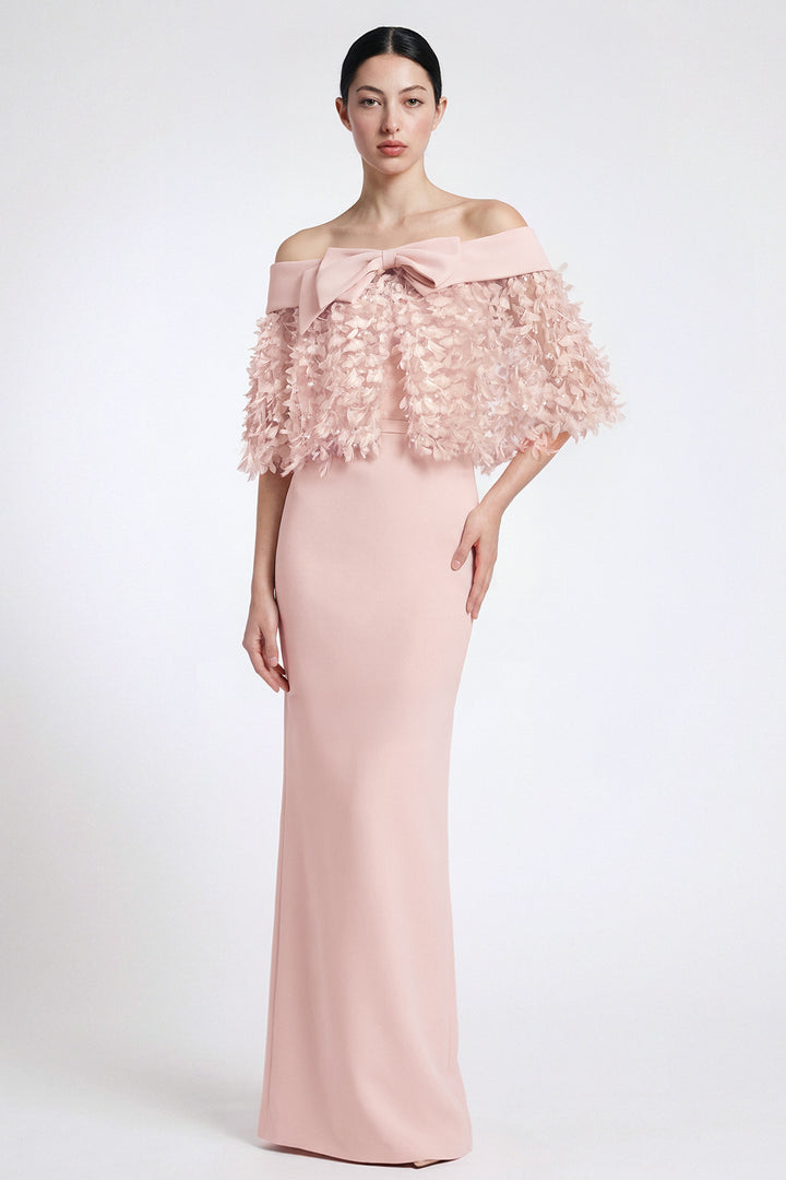 Strapless Draped Gown with Floral Capelet