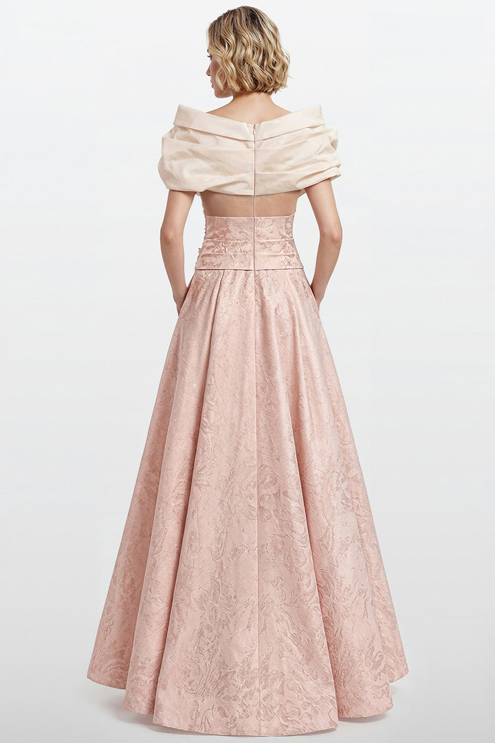 Draped Taffeta Bodice Gown with Jacquard Skirt